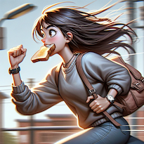 DALL·E 2024-01-09 15.09.30 - A student in a hurry, running with a piece of toast in their mouth and glancing at a wristwatch. The student, a young Hispanic female, is depicted in